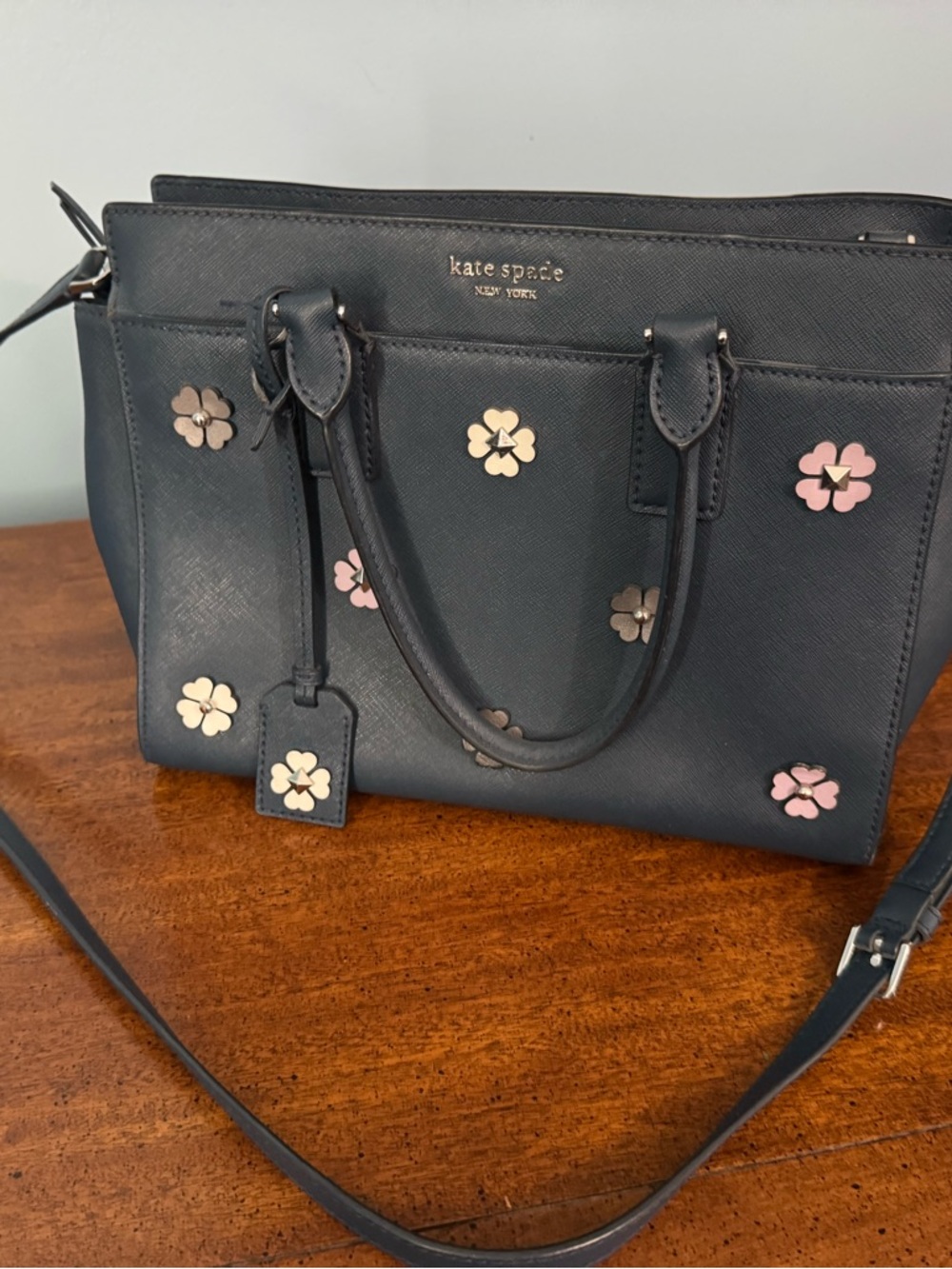 kate spade Navy Floral Appliqué Satchel with Pink & Gold Flowers